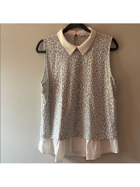 LOFT Cream and Gray Leopard Print Sleeveless Blouse Size L